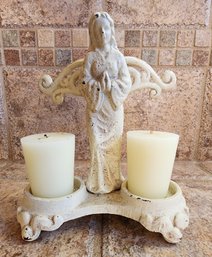 Vintage Cast Iron Religious Theme Dual Votive Candle Holder