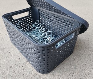 Large Assortment Of Peg Board Hooks And Woven Plastic Basket With Lid