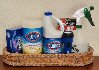 Assortment Of Home Cleaning Essentials With Decorative Basket