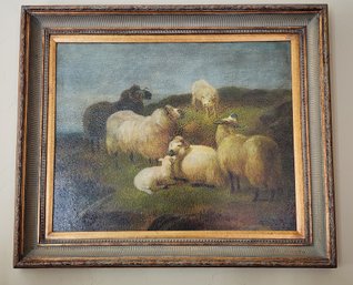 Antique Fine Art SIGNED Peter Watts Oil Painting Framed Farm Meadow Animals Scene