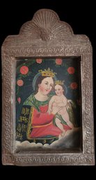 Vintage Fine Art Handpainted Made In Mexico Retablo With Tin Frame