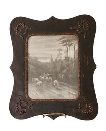 Antique Fine Art Print With Wooden Frame Meadow Scene #1
