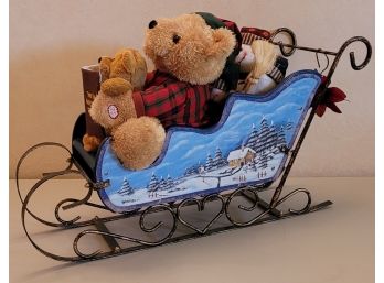 Vintage Metal Sleigh With Stuffed Animal Passengers