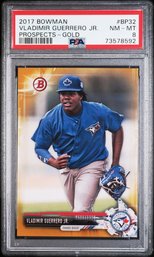 PSA 8 2017 Bowman #'D /50 Vladimir Guerrero Jr. Gold Parallel Prospect Baseball Card Blue Jays