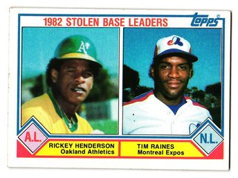 1983 Topps Rickey Henderson / Tim Raines '82 Stolen Base Leaders Baseball Card A's / Expos