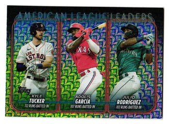 2024 Topps Julio Rodriguez / Adolis Garcia / Kyle Tucker Holiday Foil Parallel League Leaders Baseball Card