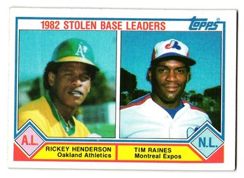 1983 Topps '82 Stolen Base Leaders Rickey Henderson / Tim Raines Baseball Card A's / Expos