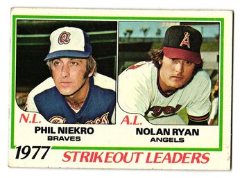 1978 Topps Nolan Ryan / Phil Niekro '77 Strikeout Leaders Baseball Card Angels / Braves