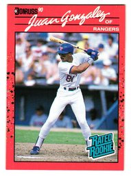 1990 Donruss Juan Gonzalez Rookie Error Baseball Card (Photo Reversed, Batting Lefty) Rangers