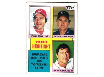 1984 Topps Johnny Bench / Gaylord Perry / Carl Yastrzemski Retire Baseball Card Reds  Royals  Red Sox