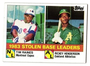 1984 Topps Tim Raines / Rickey Henderson '83 Stolen Base Leaders Baseball Card Expos / A's