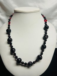 Graduated Beaded Necklace, Black Beads With Ruby Red Crystal Spacers