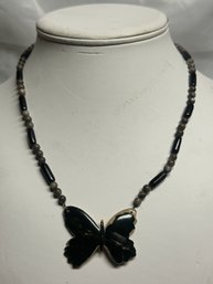 Black Beaded Abalone Butterfly Necklace