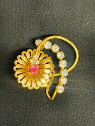 Vintage Pink White Crystal Floral Pin Brooch Gold Tone