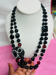 Vintage Two Strand Sterling Black And Red Beaded Necklace