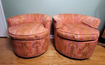 Pair Of Vintage MCM Barrel Chairs. Amazing Lines! (Wear On Arm Corners. No Wear Anywhere Else)