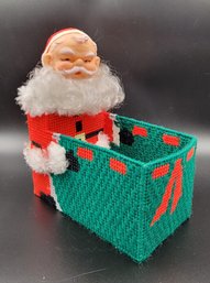 Vintage Hand Made Plastic Cross Stitch Santa Candy Dish