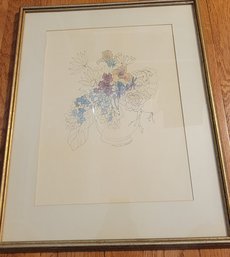 Signed Mary Lou Goertzen Ink And Watercolor Floral Bouquet In Jar