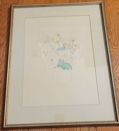 Signed Mary Lou Goertzen Ink And Watercolor Daisy And Floral In Jar