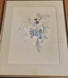 Signed Mary Lou Goertzen Ink And Watercolor Lilac And Floral In Jar