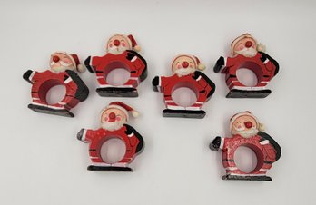 Set Of 6 Cute Vintage Wooden Santa Napkin Rings