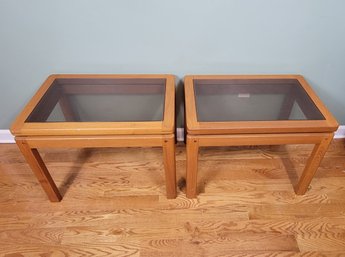 Georgous Pair Of Vintage Teak And Smoke Glass End Tables