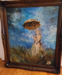 Original Signed Painting On Canvas Of A Woman With A Parasol