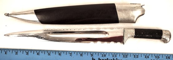 Large Knife, Silver Tipped Wood Sheath, Locking Belt Clip, Blade Lock With Thumb Release, Silver Guard And But