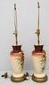 Pair Painted Bristol Glass Table Lamps With Over Enamel Painted Flowers. 35' Tall To Top Of Harp.