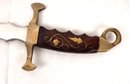 Very Large Knife, Finger Grip Inlaid Wood Handel, 19 Overall, Leather Sheath. Brass Guard And Finger Ring, Pa