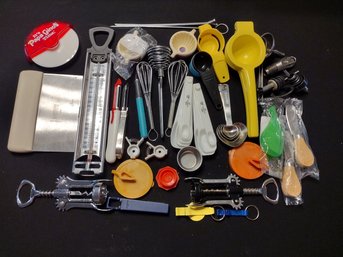 Lot Of Miscellaneous Kitchen Items - Cork Screws, Measuring Spoons, Pizza Cutter, Vegetable Peelers Etc.