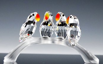 Two Swarovski Austrian Crystal Sculptures - Baby Lovebirds - Parrot