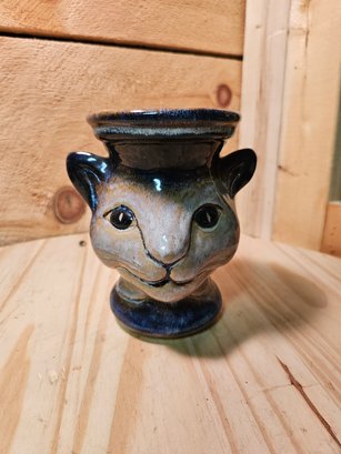 Signed Studio Art Pottery Vase With Cat Face, Unique