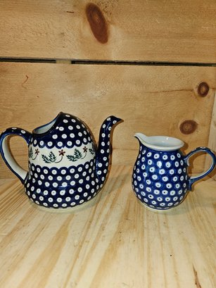 Blue Rose Polish Pottery Teapot Or Watering Can, Milk, Creamer