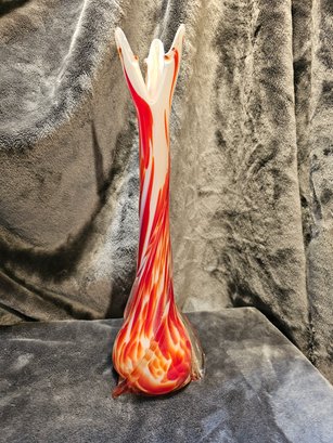 Vintage Murano Mid Century Stretch Glass Vase Orange White Swirl Base 15' Tall