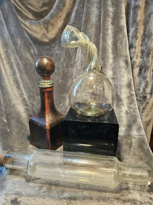 Rare Glass Bottles, Twisted Hand Blown, Italian Leather