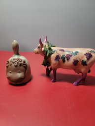 Ceramic Cow Bell And Cow Figurine