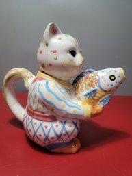 Unique Cat With Fish Tea Pot, Collectible