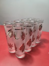 8 Full Set Libbey Vintage Silver Fall Leaves And Frosted Glasses, Mcm , Tumblers, Drink Glass