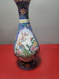 BEAUTIFUL Chinese Blue 12.5' VASE WITH WHITE PANELS OF FLOWERS Peacock