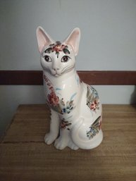 Vintage Large Porcelain Cat With Floral Painting