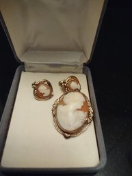 Vintage Cameo Brooch Pin With Earrings