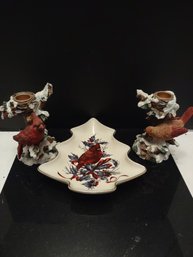 Nice Cardinal Bird Lot Candle Holders And Lenox Dish