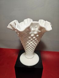 Vintage FENTON HOBNAIL MILK GLASS Ruffled Edge Footed TRUMPET VASE