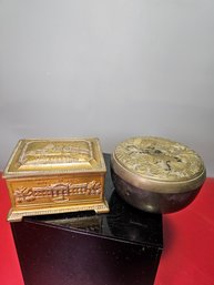 Two Metal Vintage Trinket Boxes, Engraved