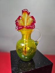 Green Crackle Glass Pitcher Vase And An Art Glass Flower