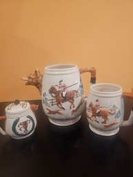 3 Ceramic Pieces Frim Same Set, Hunting Theme, One Is A Large Pitcher