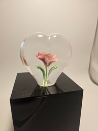 Murano Style Heart Shaped Art Glass With Flower.