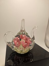Art Glass Teapot Paperweight Murano Style, Pink Flowers