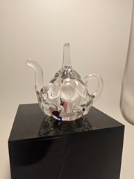 Art Glass Teapot Paperweight Murano Style, White Flowers